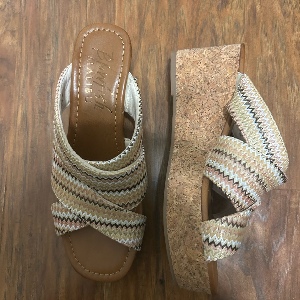 Woven Zigzag Tan Multi Mules Abi Wedge Sandal Summer Spring Blowfish Malibu - Picture 5 of 9